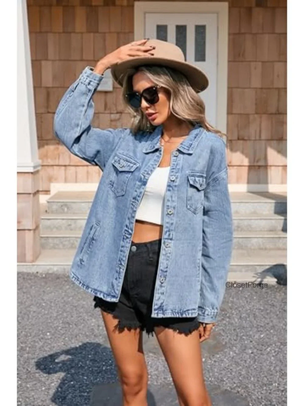 Oversized Denim Shacket Button Down Long Sleeve Casual Loose Fit with Pockets